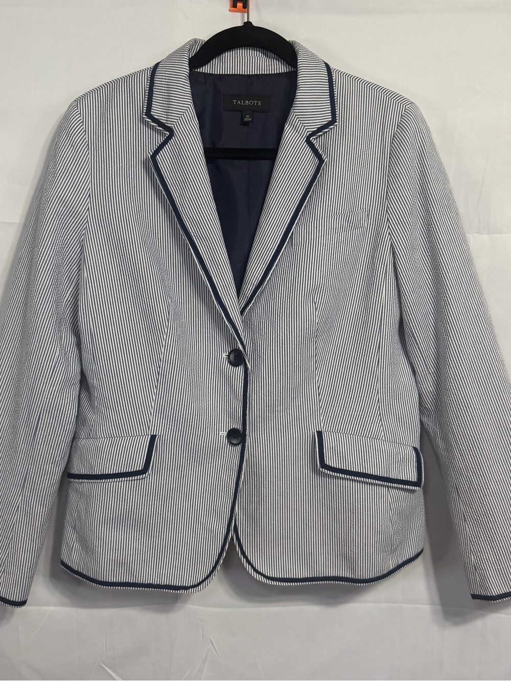 Talbots Women’s Sz 12 Seersucker Blazer Coastal Preppy Nautical Style Jacket